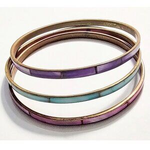 Vintage Brass and Mother of Pearl Purple, Pink, Turquoise Bangles